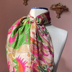 Handmade green/pink flower print  vintage silk scarf